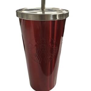 2014 Starbucks Red Stainless Steel Cold Cup Tumbler 16 oz w Lid Metal Straw